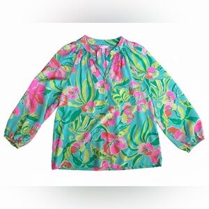 Lilly Pulitzer Elsa Silk Floral Top Medium Tropical Resortwear Luxury Cruise